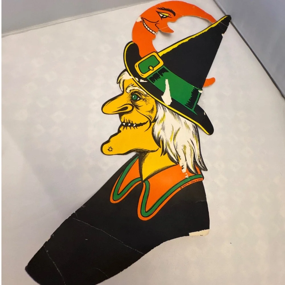 Vintage Beistle Halloween Witch Moon Decoration Die‎ Cut USA Spooky Decor *read